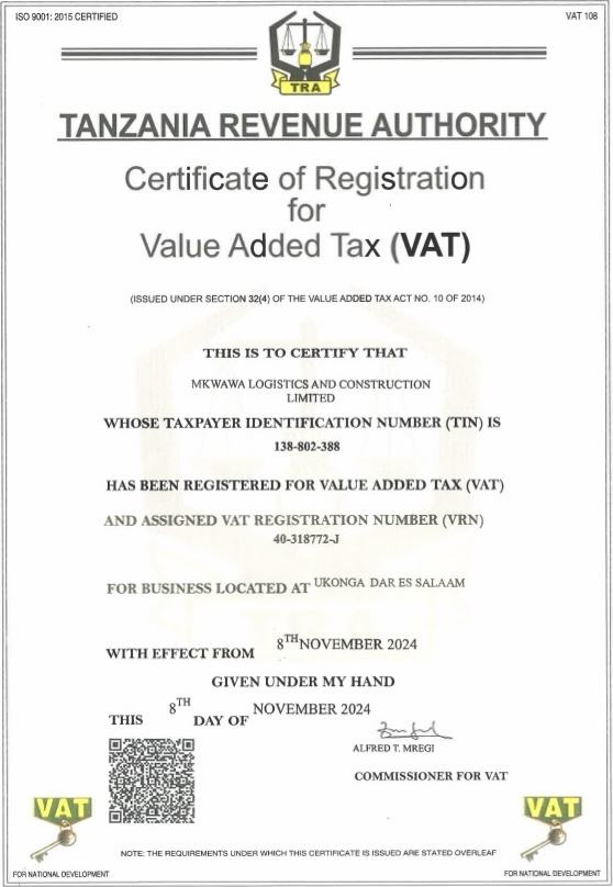 TRA TIN Certificate
